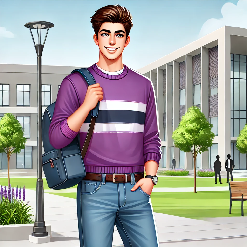 DALL·E 2024 07 25 03.09.56 A male college student standing and smiling. He is dressed in casual trendy clothes suitable for college students with a focus on the color purple i