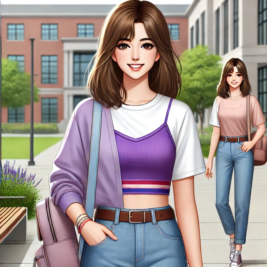 DALL·E 2024 07 25 03.09.59 A female college student standing and smiling. She is dressed in casual trendy clothes suitable for college students with a focus on the color purpl