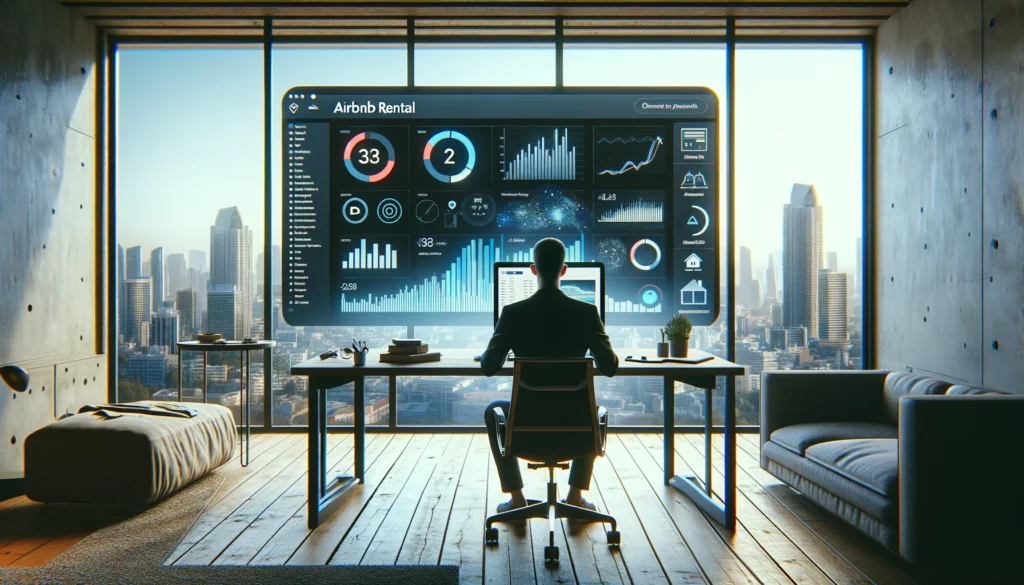 DALL·E 2024 03 28 10.01.19 Illustrate a cinematic image of a person sitting at a modern workspace in a stylish minimalist apartment brainstorming over an Airbnb rental strateg