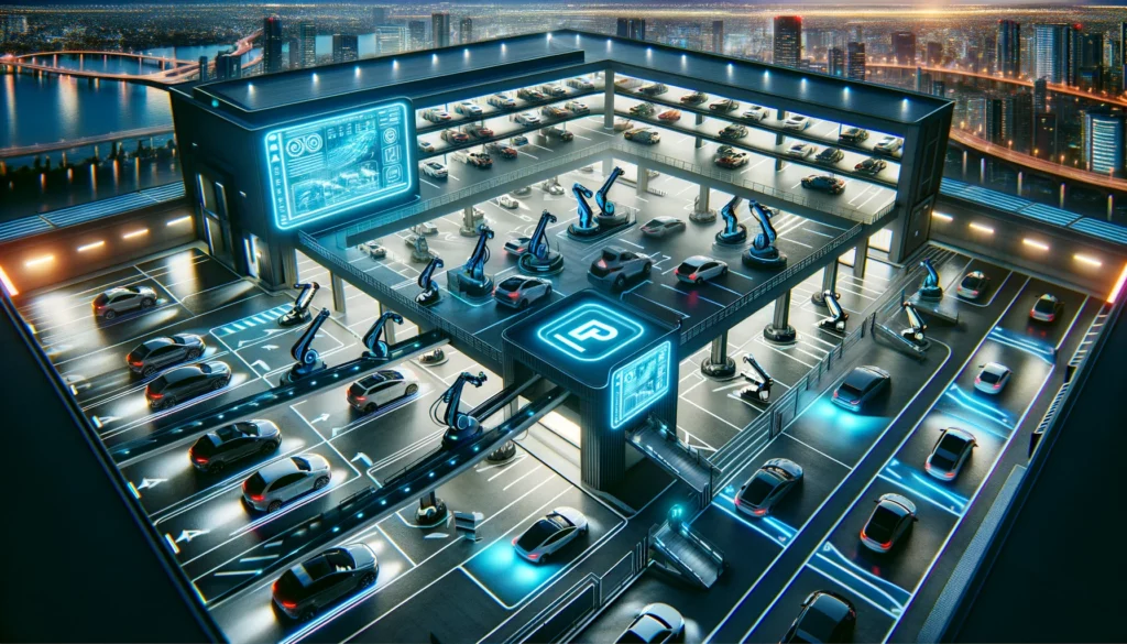 DALL·E 2024 03 28 10.06.23 Illustrate a cinematic image showcasing a birds eye view of a modern automated parking garage. The garage is equipped with robotic platforms moving 1 2