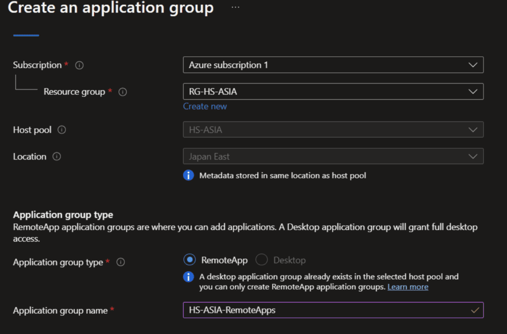 RemoteApp Application Group Type for Application Streaming