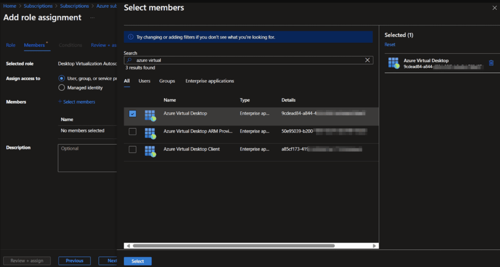 Assign the permission to service Account Azure Virtual Desktop