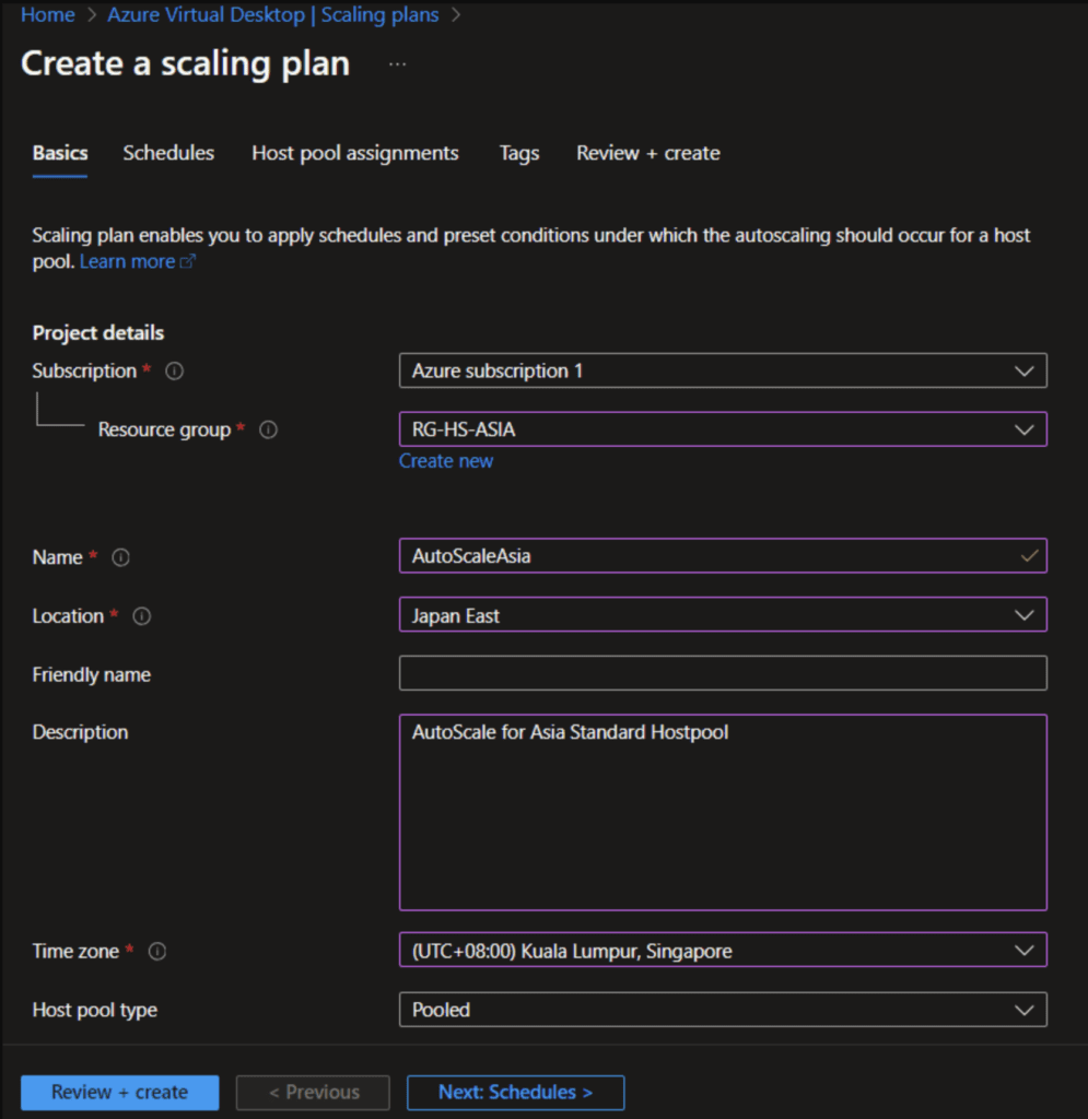Basic Configuration of Azure Virtual Desktop Scaling plan