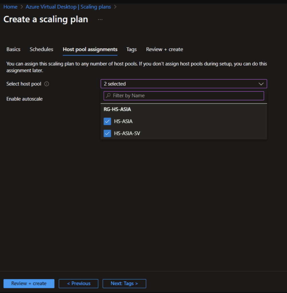 Select host pool to use scaling plan