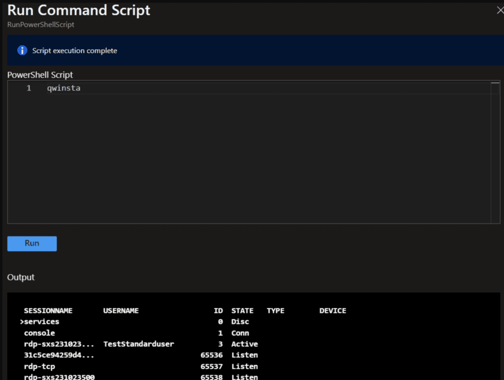 Azure Portal Powershell Script qwinsta RDP session