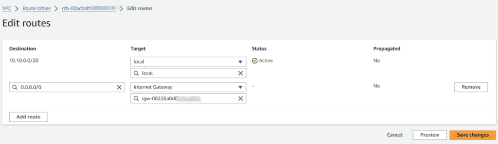 Add route 0.0.0.0/0 for internet route to the internet gateway