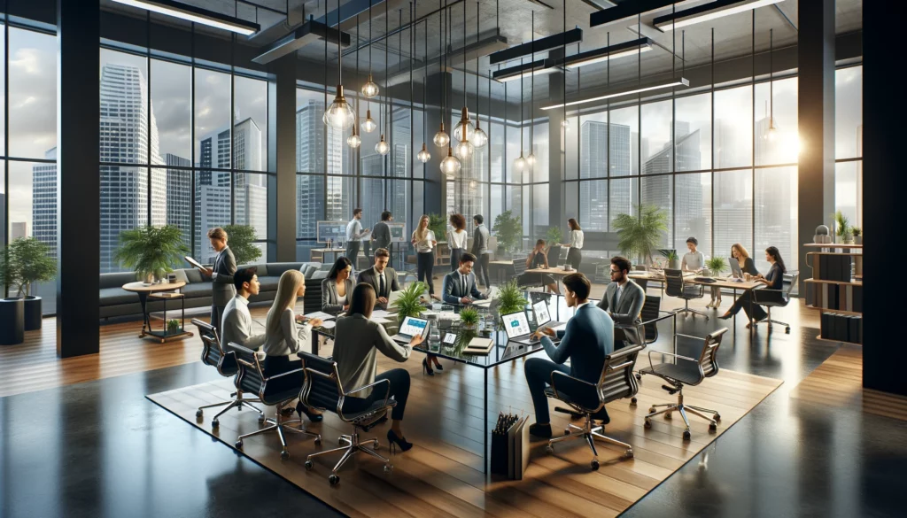 DALL·E 2024 04 03 23.43.28 A hyper realistic image of a contemporary startup office environment featuring a diverse team of young professionals engaging in a brainstorming sess