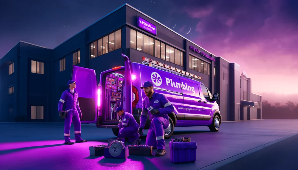 DALL·E 2024 04 05 00.41.45 A cinematic scene with HVAC and plumbing technicians prepping their vibrant purple dispatch van for the days work under a purple dawn sky. The techni
