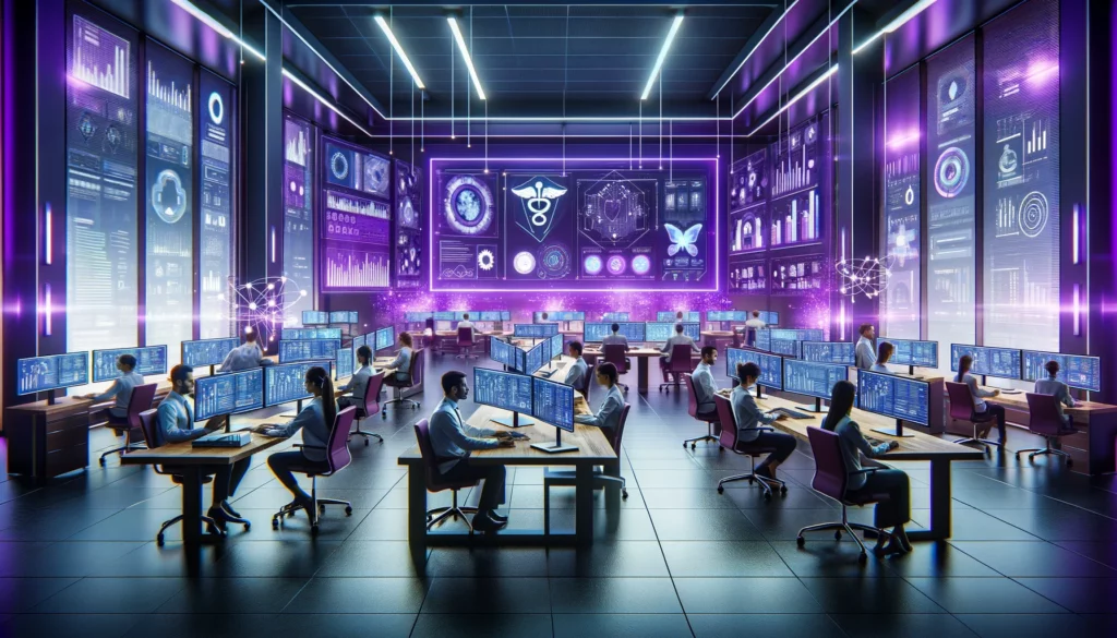DALL·E 2024 04 09 08.49.58 A modern office filled with high tech computers and monitors displaying graphs and healthcare data with a vibrant purple theme highlighting the techn 1