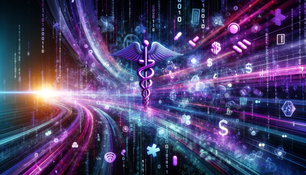 DALL·E 2024 04 09 08.59.40 An abstract visualization of digital data flow representing medical billing outsourcing with streams of binary code and healthcare symbols like the