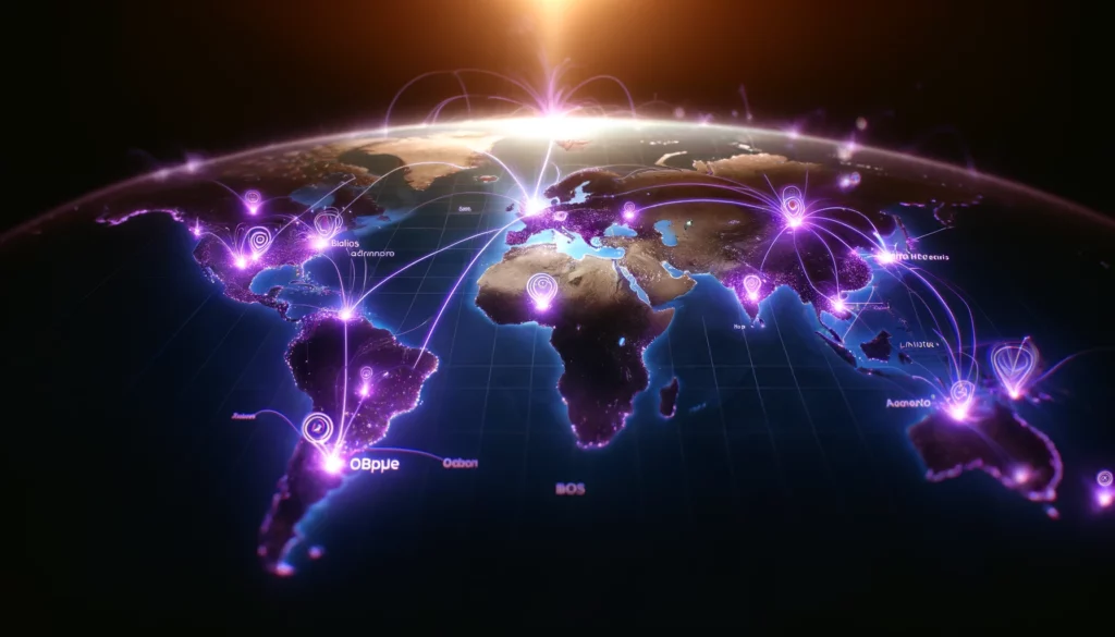 The Best BPO Destinations for Outsourcing Your Operations 3 DALL·E 2024 04 09 23.24.25 A cinematic image depicting a global map focused on BPO outsourcing destinations highlighted in purple. This conceptual artwork showcases major BPO h