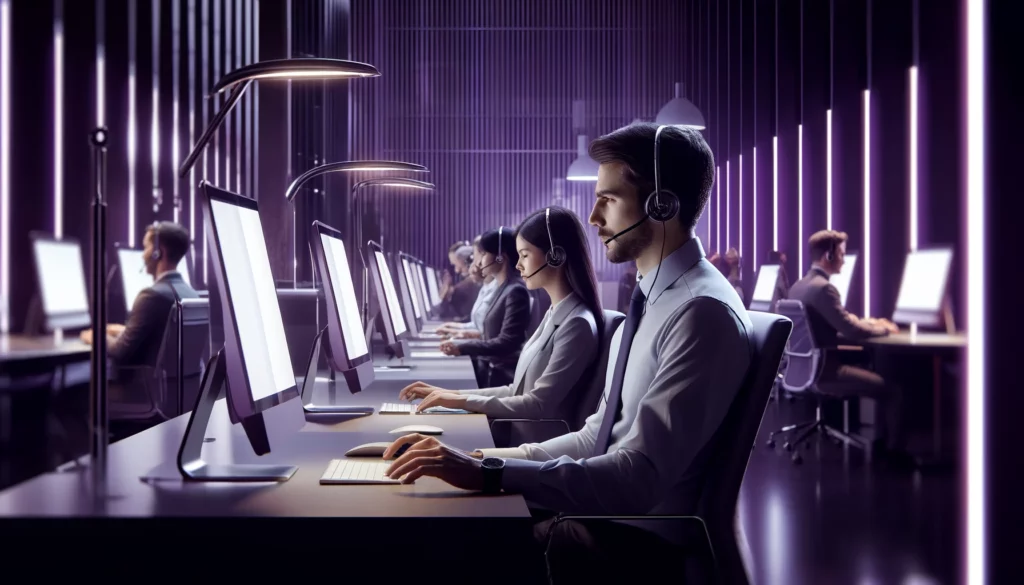 Best Practices For Live Chat Agents 2 DALL·E 2024 04 11 02.33.05 A professional and modern customer service center illuminated by soft overhead purple lighting where live chat agents are focused on their computer 1 1