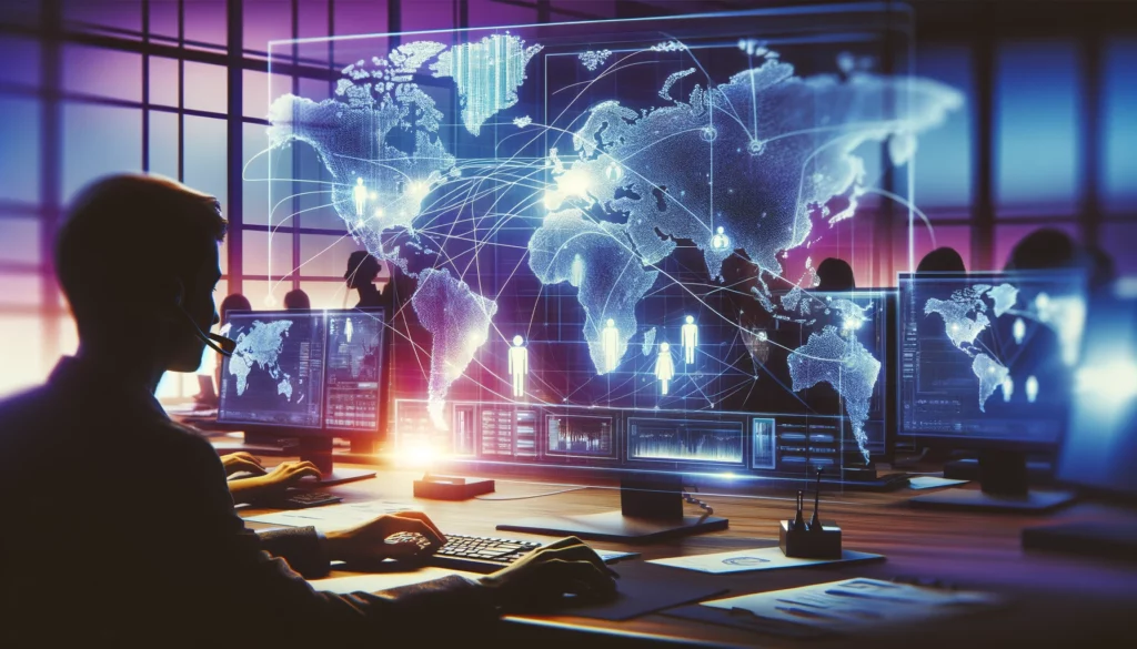 DALL·E 2024 04 12 01.19.39 Conceptual image depicting a digital world map with lines connecting different parts symbolizing global connectivity for an after hours answering ser