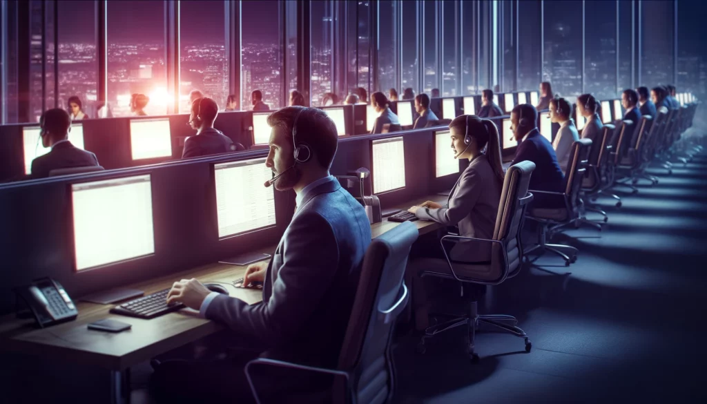 DALL·E 2024 04 14 23.35.39 Image of a busy call center at night showing Caucasian workers wearing headsets sitting at desks with multiple computer screens. The office has soft