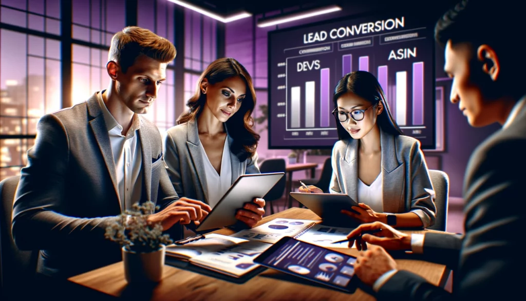 DALL·E 2024 04 17 01.46.39 A diverse team in a modern office setting analyzing conversion metrics on digital devices. The office is stylish and contemporary with a large screen