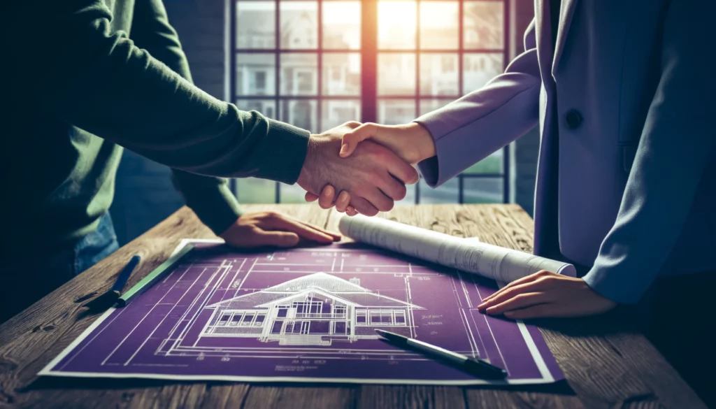 Better communication for home improvement contractors 3 DALL·E 2024 04 17 20.47.11 A close up of a handshake between a homeowner and a contractor symbolizing agreement with a house blueprint spread out on a table below their hands 1