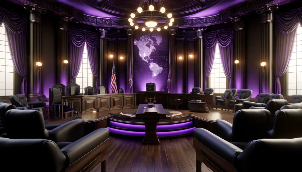 How Legal Outsourcing Services Helps Attorneys Generate More Business 3 DALL·E 2024 04 18 21.00.34 A sophisticated courtroom setting with a purple theme highlighting the global impact of legal outsourcing. The room features a grand judges bench w