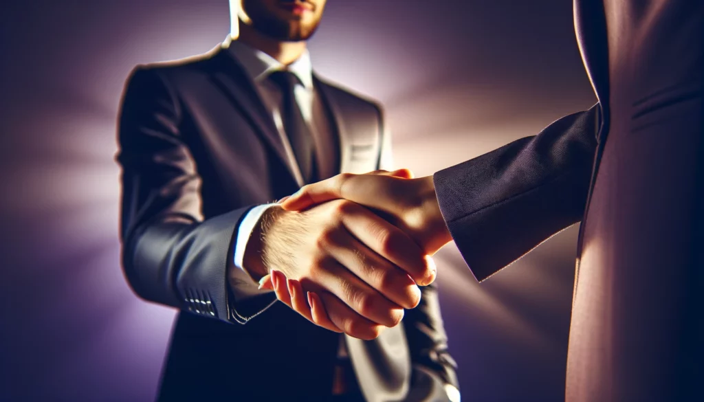 How Legal Outsourcing Services Helps Attorneys Generate More Business 4 DALL·E 2024 04 18 21.00.37 A close up of a handshake between two Caucasian business professionals with a purple background. The individuals are dressed in professional attire