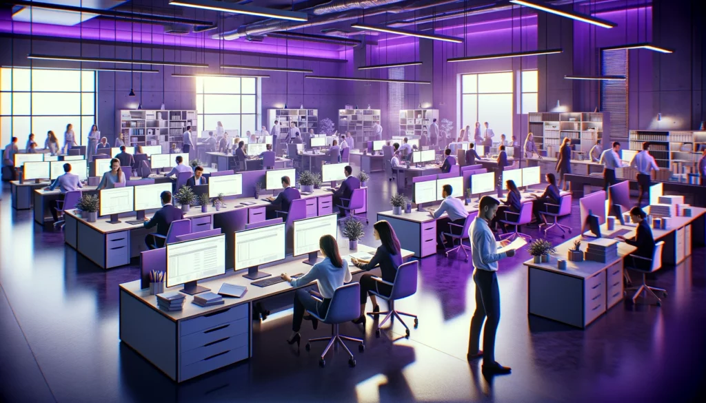 Outsource order processing services 2 DALL·E 2024 05 03 21.27.06 A modern office environment filled with contemporary sleek workstations and employees engaged in various activities related to order processing. The