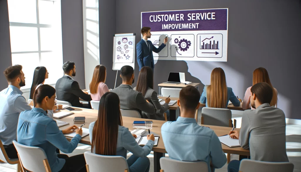 What causes poor customer service and how can it be improved? 3 DALL·E 2024 05 16 23.47.33 A customer service training session with employees attentively listening and taking notes. The room is equipped with a projector displaying a present