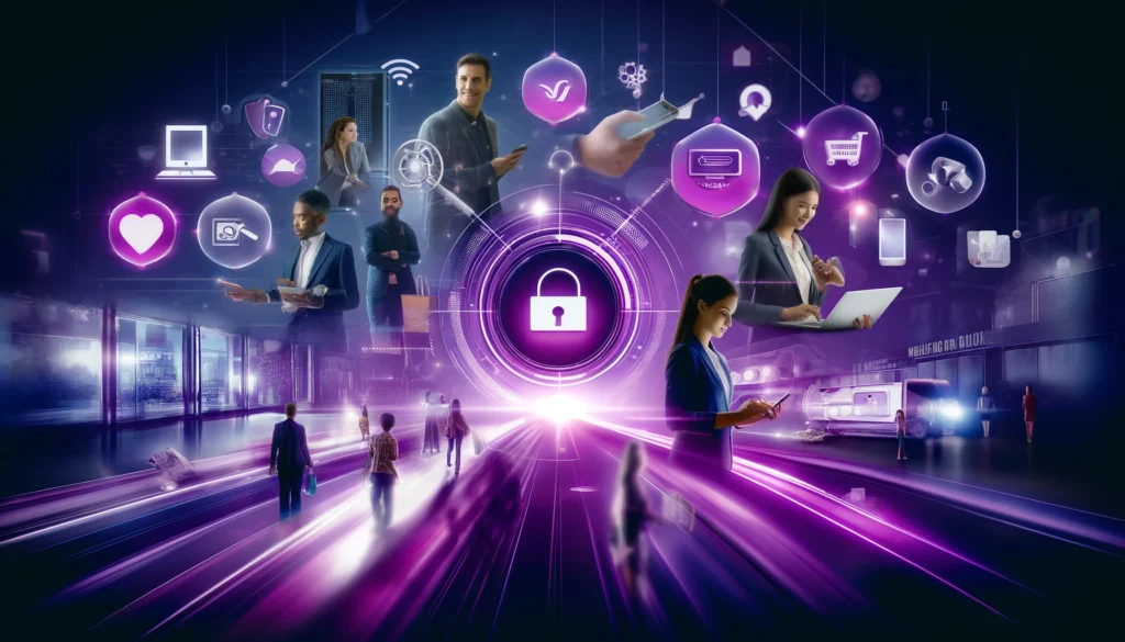 DALL·E-2024-05-22-03.02.34-A-cinematic-style-image-depicting-a-seamless-omnichannel-customer-experience-with-a-purple-color-scheme.-Show-a-diverse-group-of-people-interacting-wi DALL·E 2024 05 22 03.02.34 A cinematic style image depicting a seamless omnichannel customer experience with a purple color scheme. Show a diverse group of people interacting wi