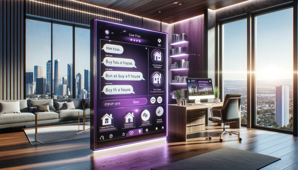 DALL·E 2024 06 11 23.46.39 A modern real estate business office with a sleek and professional design featuring a live chat interface on a large screen. The color scheme is pred