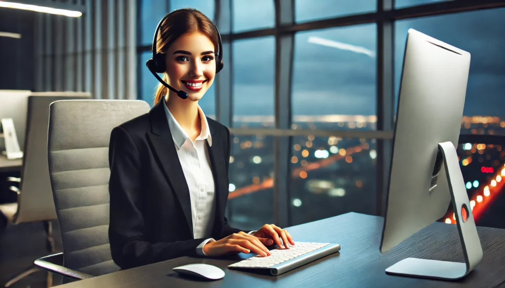 DALL·E 2024-10-24 23.03.54 - A young, friendly professional woman sitting at a sleek, modern desk with a headset on, working on a computer. She is wearing a business suit. The set virtual receptionists