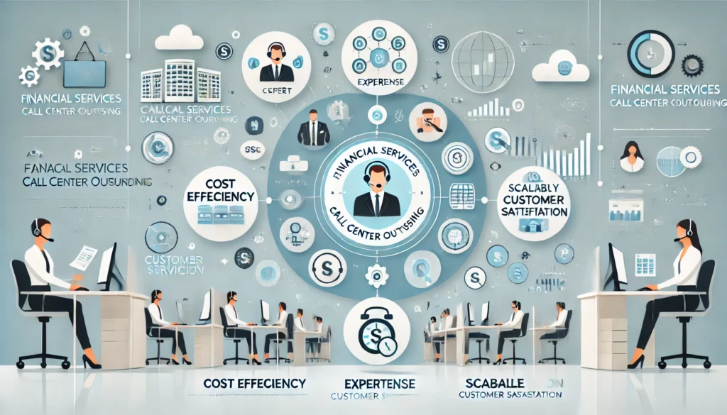 Financial Services Call Center Outsourcing | 24/7 Contact Center Service 2 DALL·E 2024 10 13 21.59.58 A professional infographic style image showcasing the topic Financial Services Call Center Outsourcing. The visual layout should include icons repre